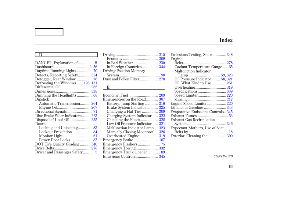 Index | Acura 2004 RL - Owner's Manual User Manual | Page 362 / 370