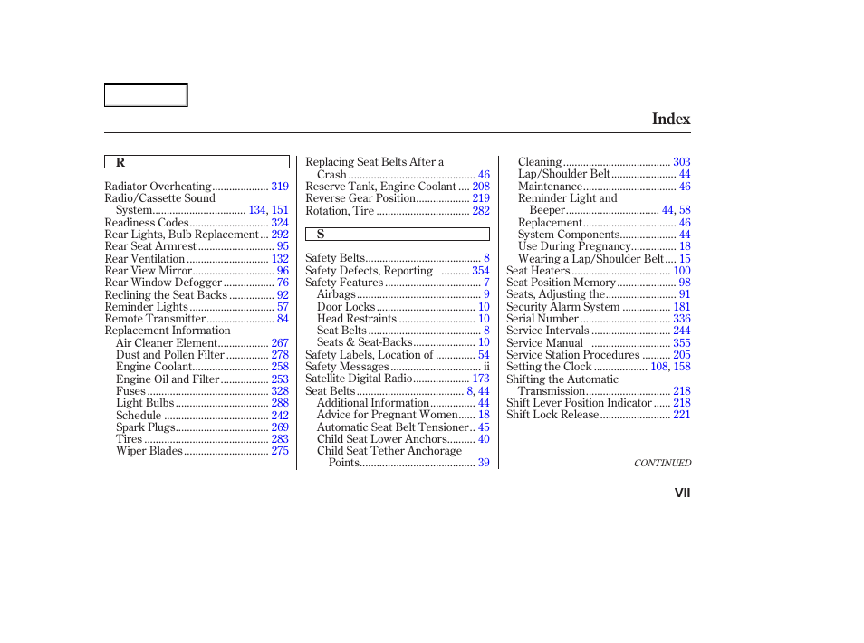 Index | Acura 2004 RL - Owner's Manual User Manual | Page 366 / 370