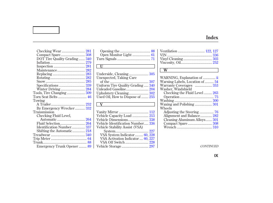 Index | Acura 2004 RL - Owner's Manual User Manual | Page 368 / 370