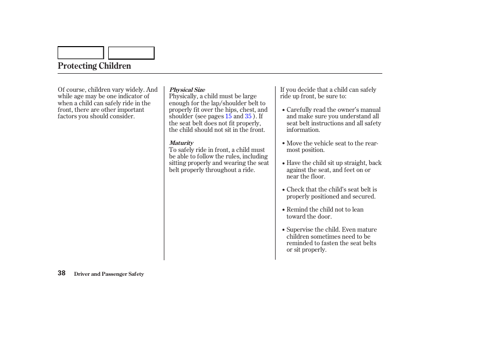 Protecting children | Acura 2004 RL - Owner's Manual User Manual | Page 41 / 370