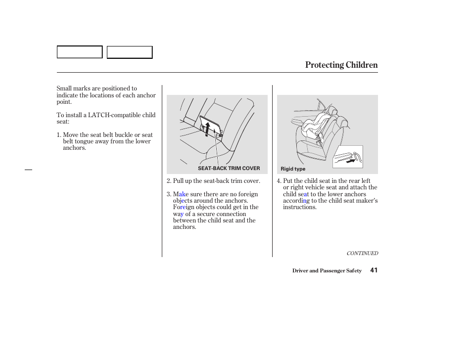 Protecting children | Acura 2004 RL - Owner's Manual User Manual | Page 44 / 370