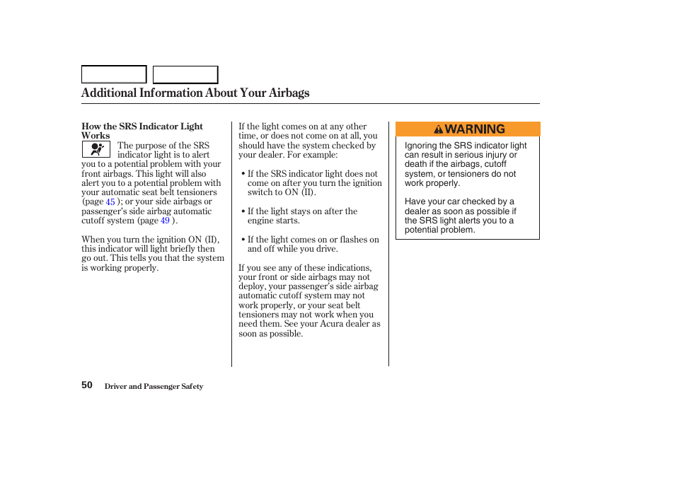 Additional information about your airbags | Acura 2004 RL - Owner's Manual User Manual | Page 53 / 370