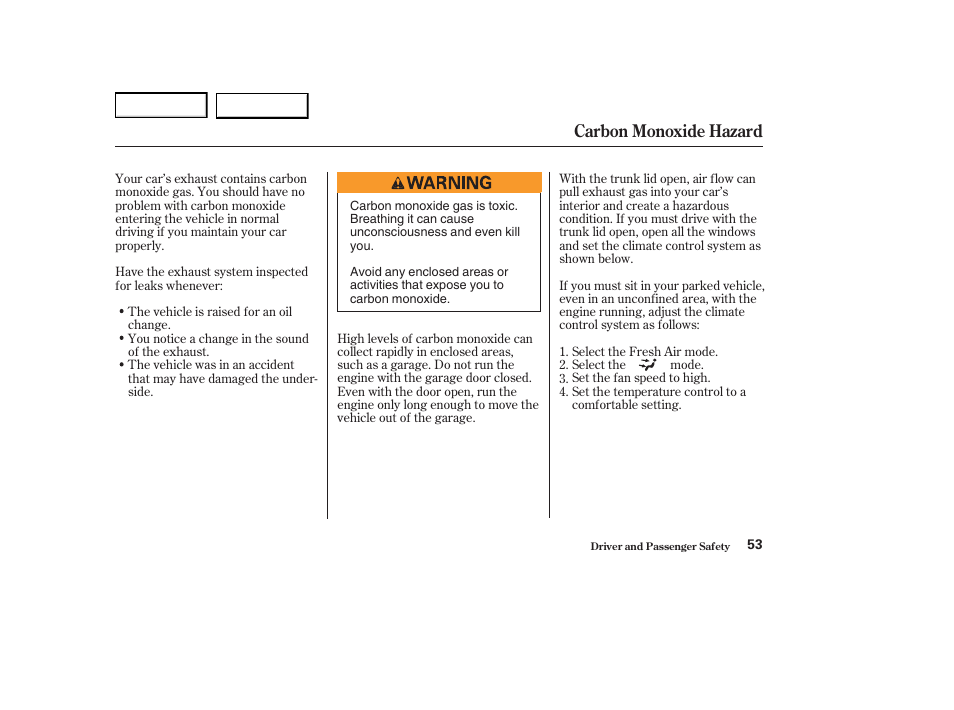 Carbon monoxide hazard | Acura 2004 RL - Owner's Manual User Manual | Page 56 / 370