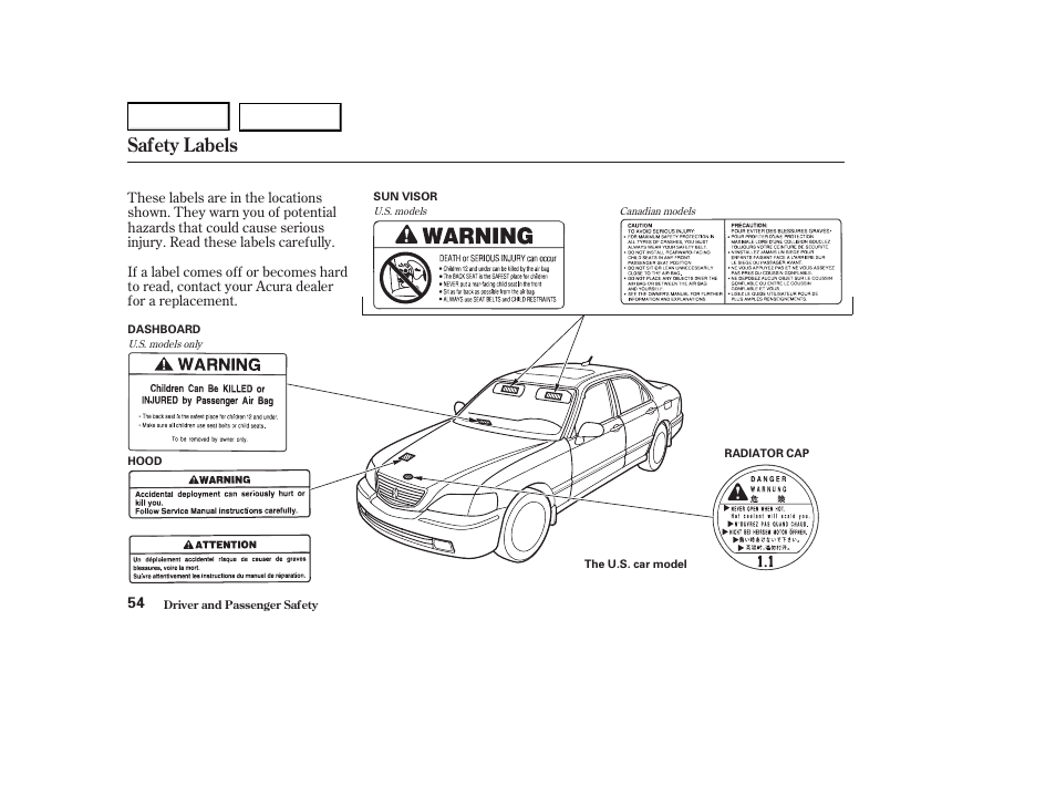 Safety labels | Acura 2004 RL - Owner's Manual User Manual | Page 57 / 370