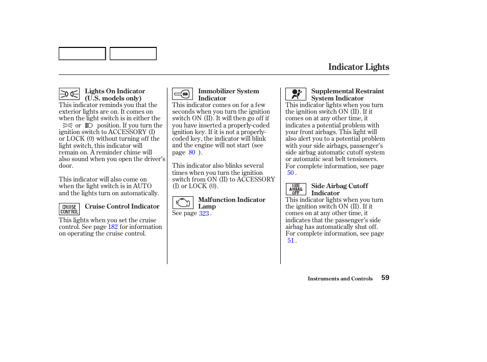 Indicator lights | Acura 2004 RL - Owner's Manual User Manual | Page 62 / 370