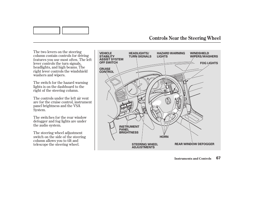 Controls near the steering wheel | Acura 2004 RL - Owner's Manual User Manual | Page 70 / 370