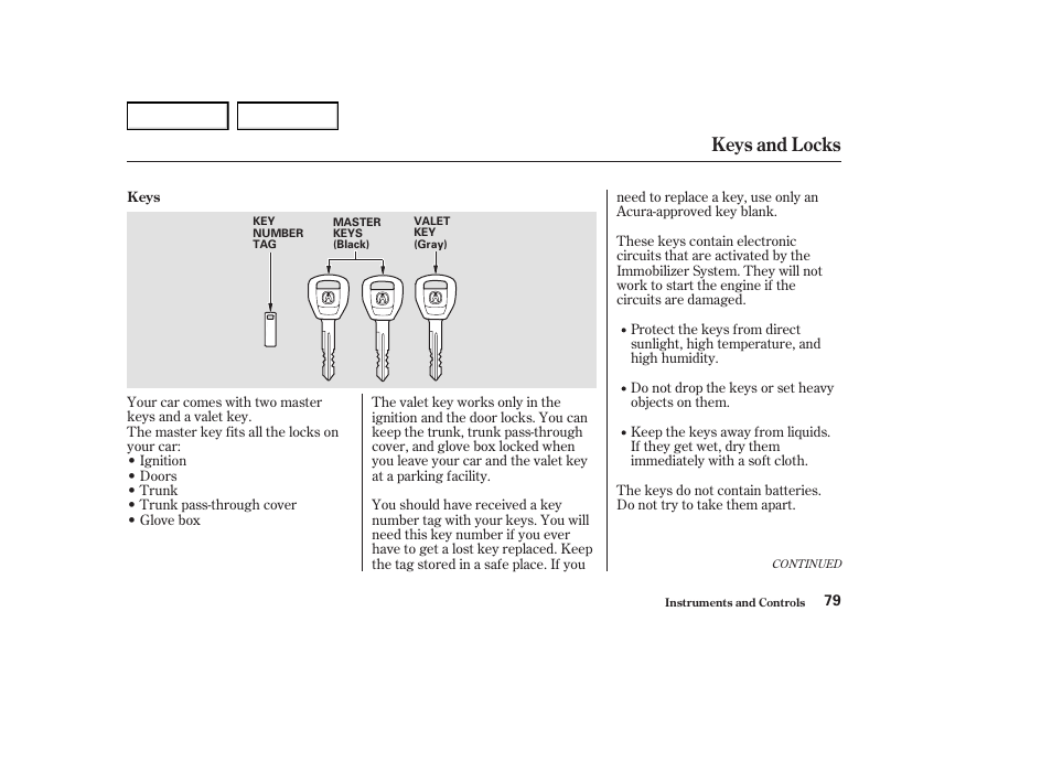 Keys and locks | Acura 2004 RL - Owner's Manual User Manual | Page 82 / 370