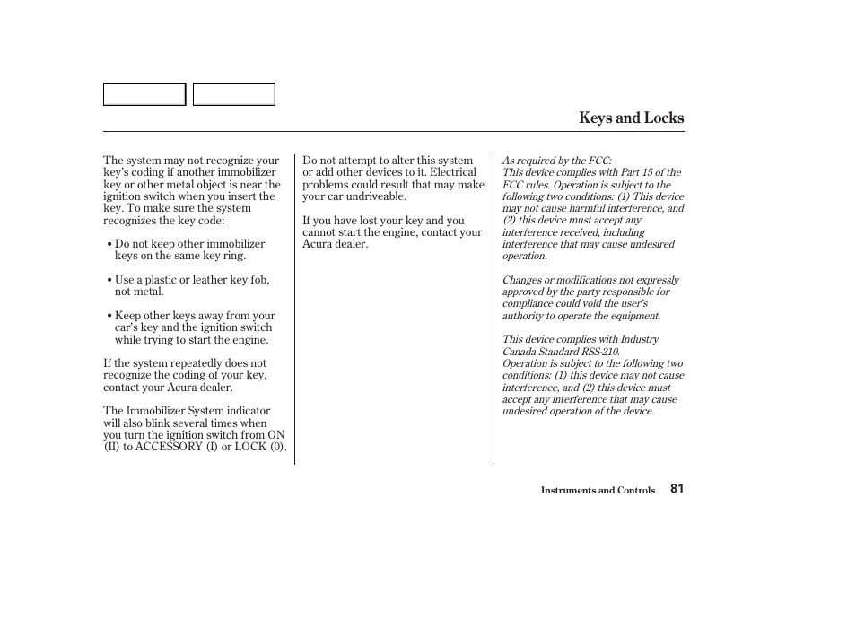 Keys and locks | Acura 2004 RL - Owner's Manual User Manual | Page 84 / 370