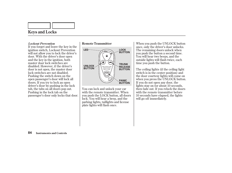 Keys and locks | Acura 2004 RL - Owner's Manual User Manual | Page 87 / 370