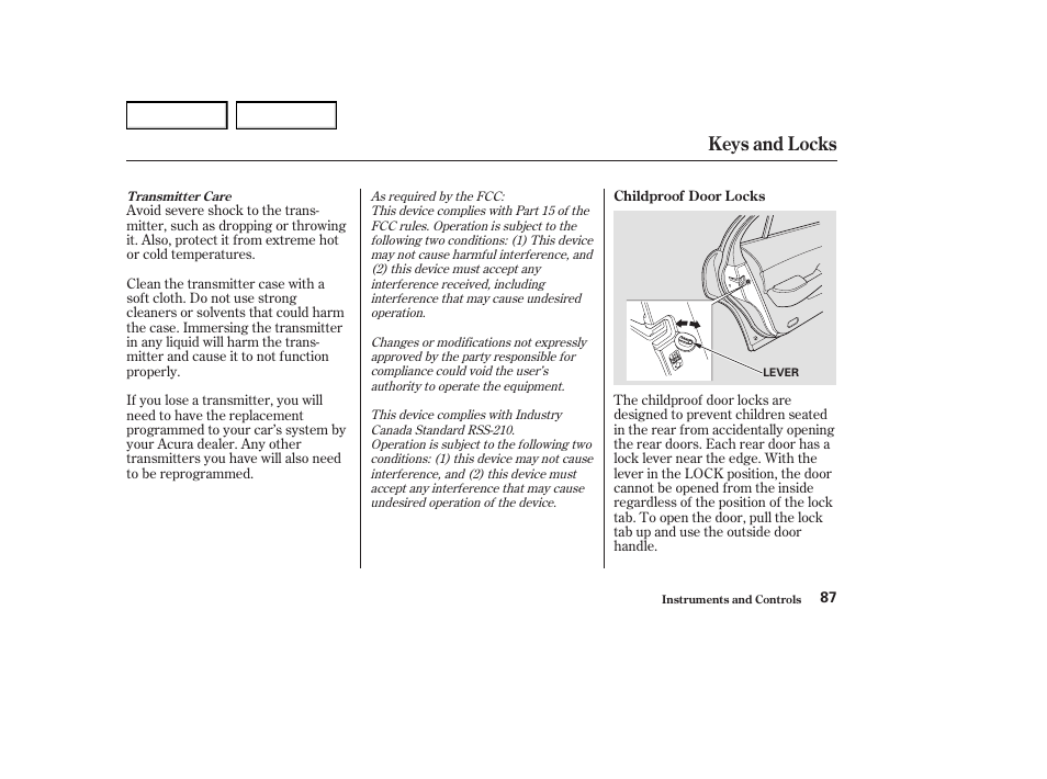 Keys and locks | Acura 2004 RL - Owner's Manual User Manual | Page 90 / 370