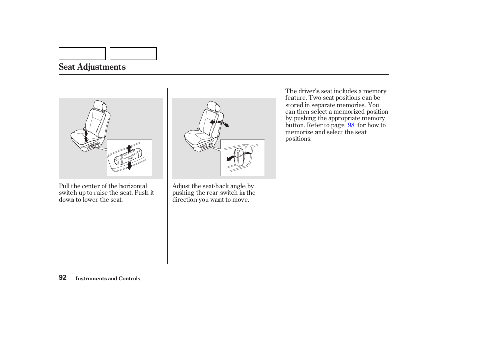 Seat adjustments | Acura 2004 RL - Owner's Manual User Manual | Page 95 / 370