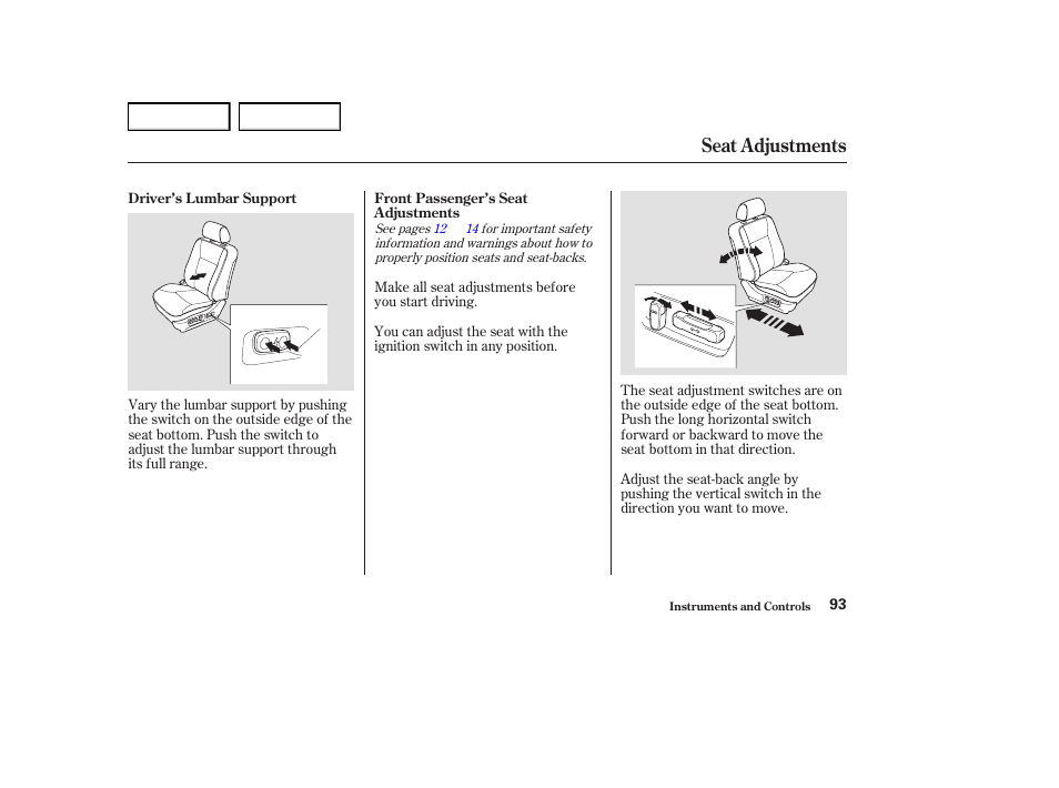 Seat adjustments | Acura 2004 RL - Owner's Manual User Manual | Page 96 / 370