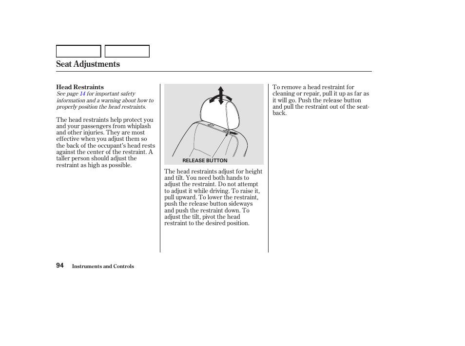 Seat adjustments | Acura 2004 RL - Owner's Manual User Manual | Page 97 / 370