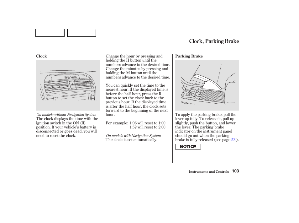 Clock, parking brake | Acura 2004 TL - Owner's Manual User Manual | Page 106 / 283