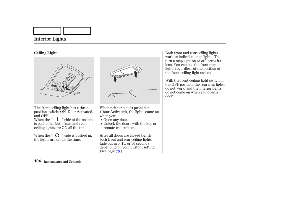 Interior lights | Acura 2004 TL - Owner's Manual User Manual | Page 107 / 283