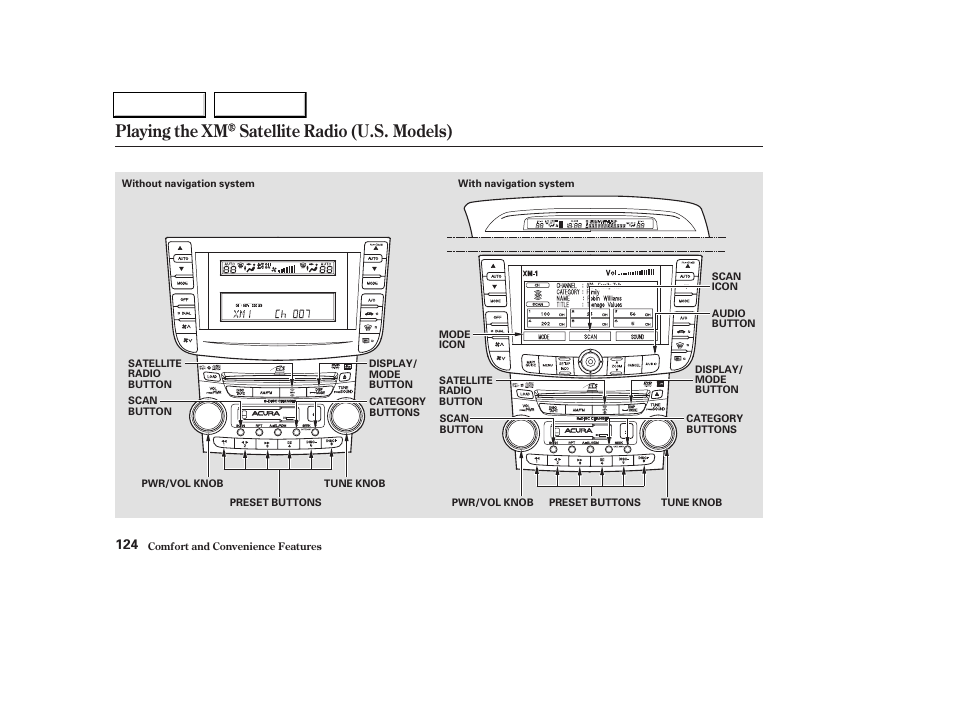 Playing the xm satellite radio (u.s. models) | Acura 2004 TL - Owner's Manual User Manual | Page 127 / 283
