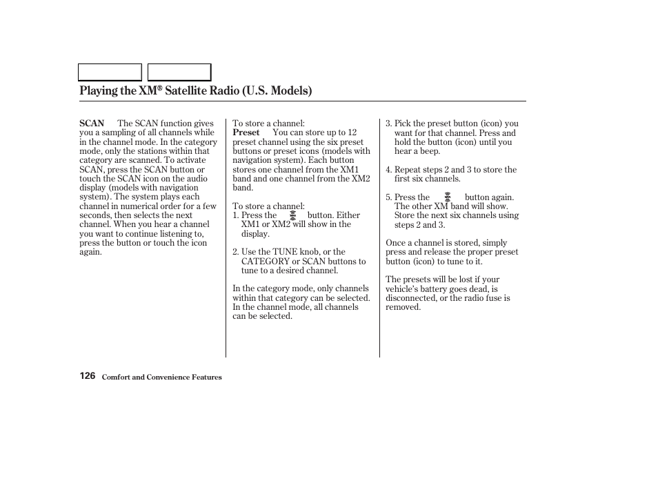 Playing the xm satellite radio (u.s. models) | Acura 2004 TL - Owner's Manual User Manual | Page 129 / 283