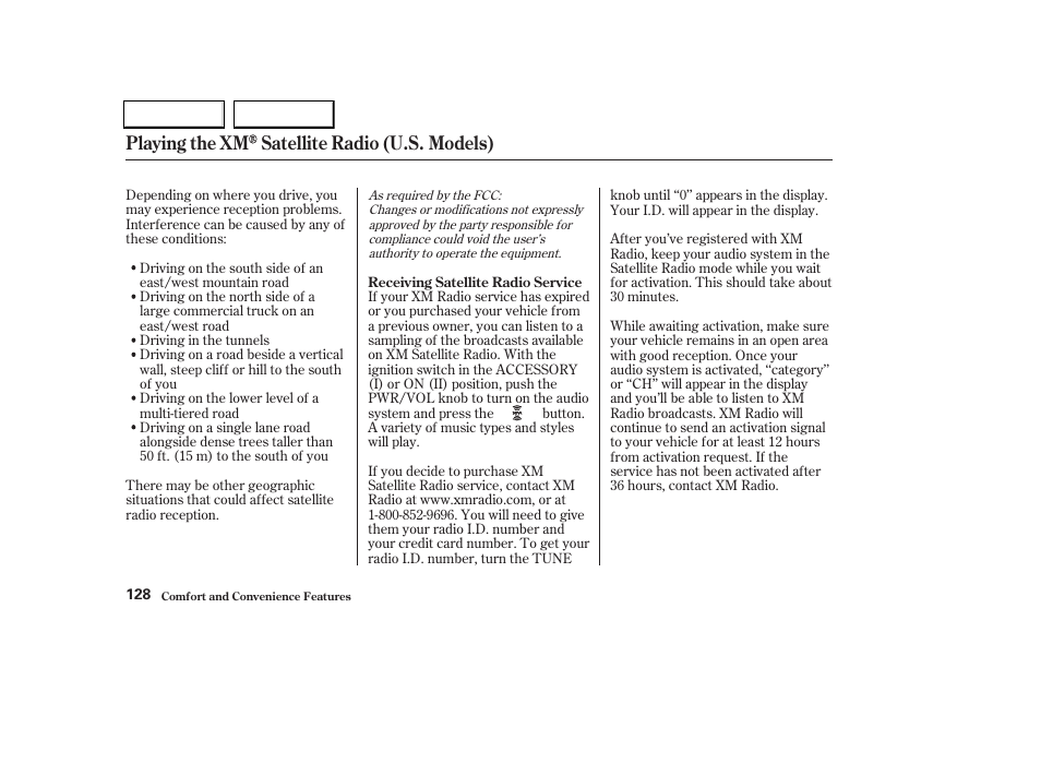 Playing the xm satellite radio (u.s. models) | Acura 2004 TL - Owner's Manual User Manual | Page 131 / 283