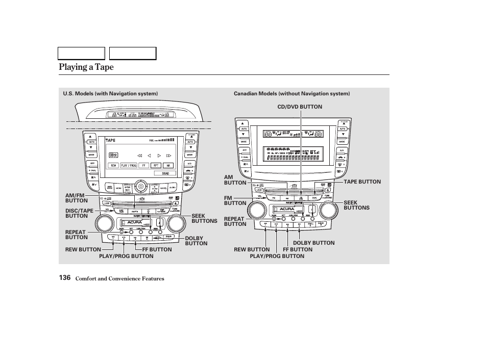 Playing a tape | Acura 2004 TL - Owner's Manual User Manual | Page 139 / 283