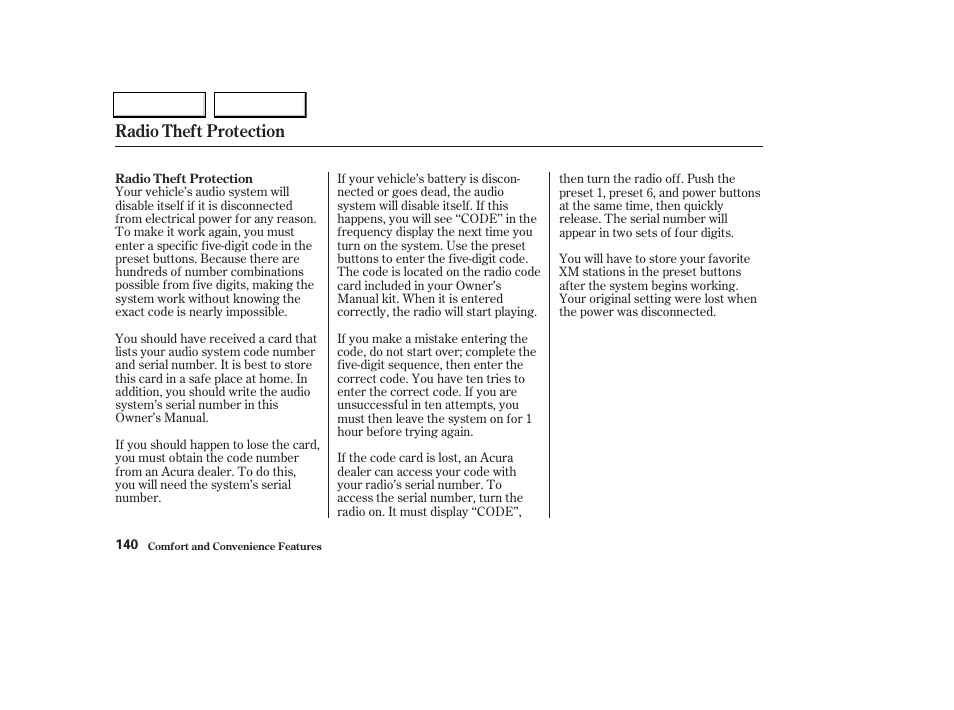 Radio theft protection | Acura 2004 TL - Owner's Manual User Manual | Page 143 / 283