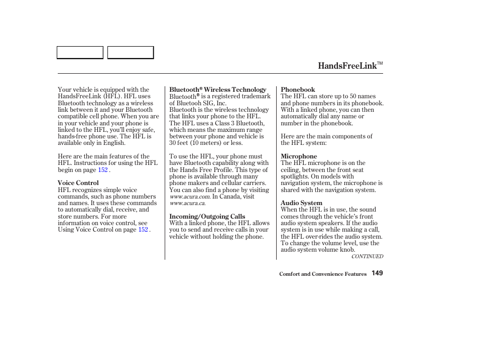 Handsfreelink | Acura 2004 TL - Owner's Manual User Manual | Page 152 / 283