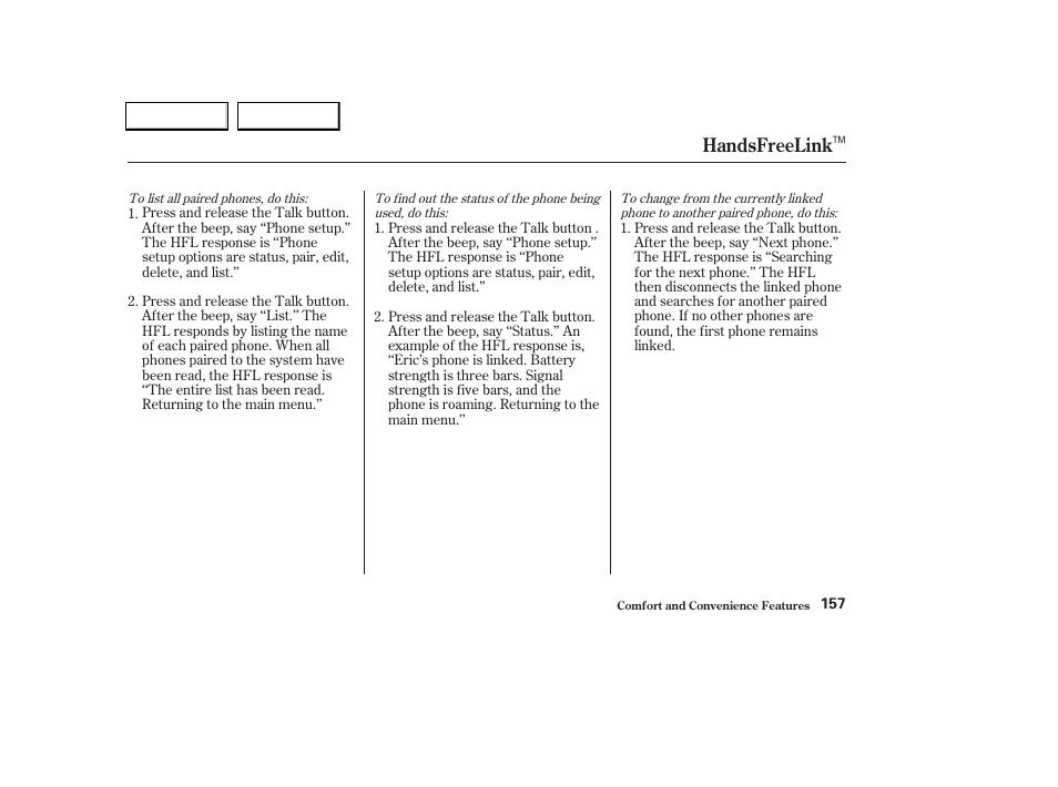 Handsfreelink | Acura 2004 TL - Owner's Manual User Manual | Page 160 / 283