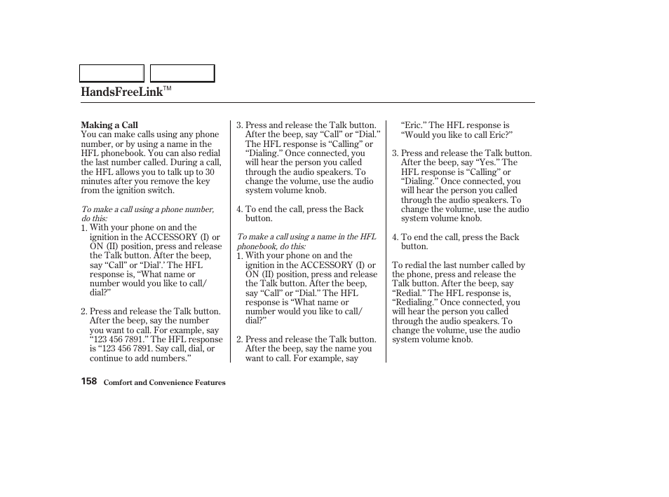 Handsfreelink | Acura 2004 TL - Owner's Manual User Manual | Page 161 / 283