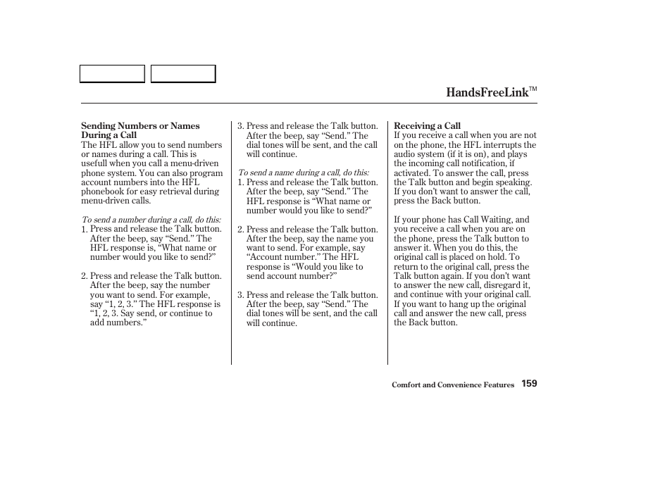 Handsfreelink | Acura 2004 TL - Owner's Manual User Manual | Page 162 / 283