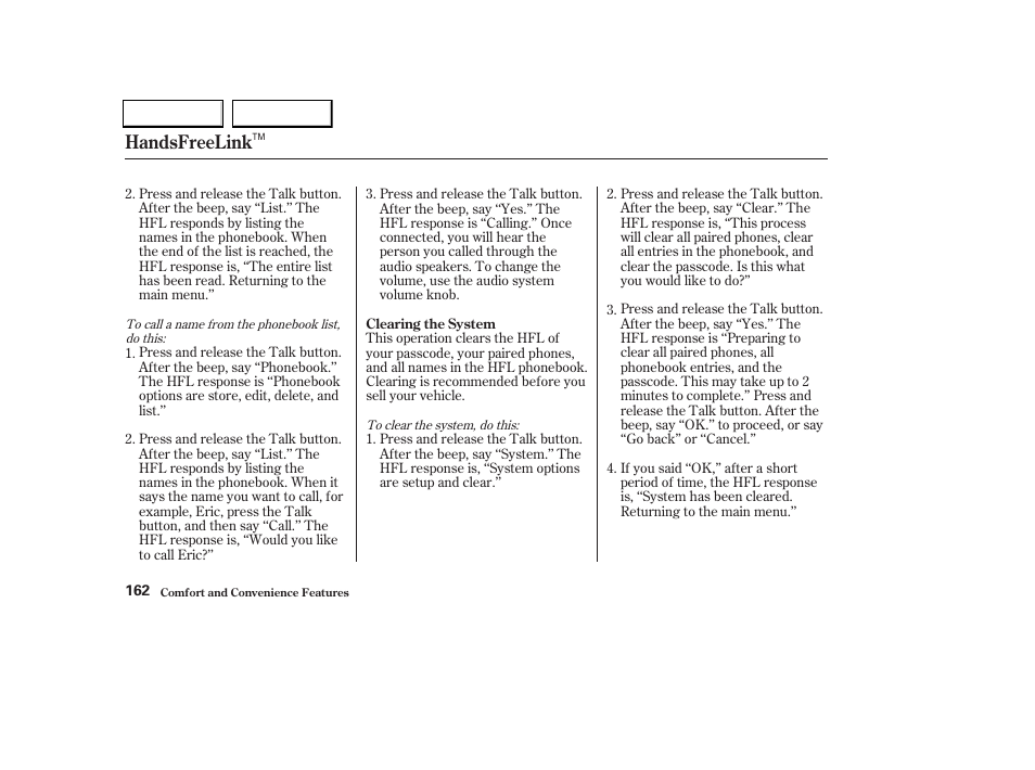 Handsfreelink | Acura 2004 TL - Owner's Manual User Manual | Page 165 / 283