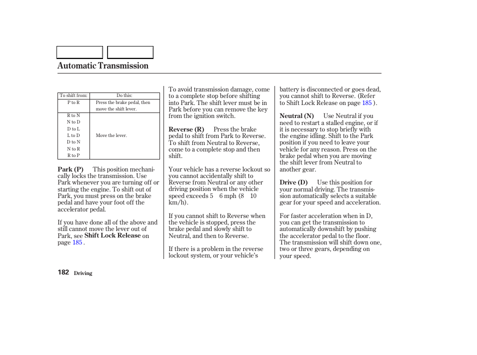 Automatic transmission | Acura 2004 TL - Owner's Manual User Manual | Page 185 / 283
