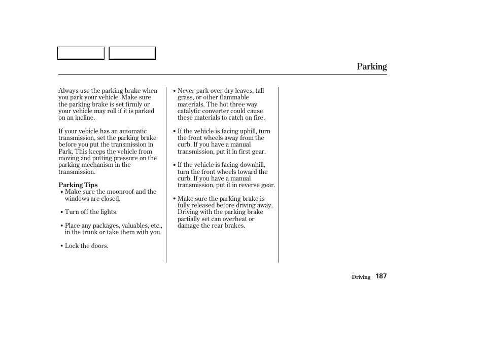 Parking | Acura 2004 TL - Owner's Manual User Manual | Page 190 / 283