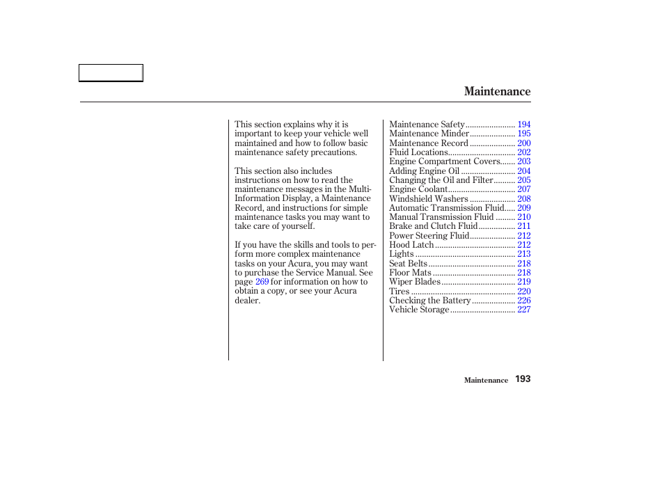 Maintenance | Acura 2004 TL - Owner's Manual User Manual | Page 196 / 283