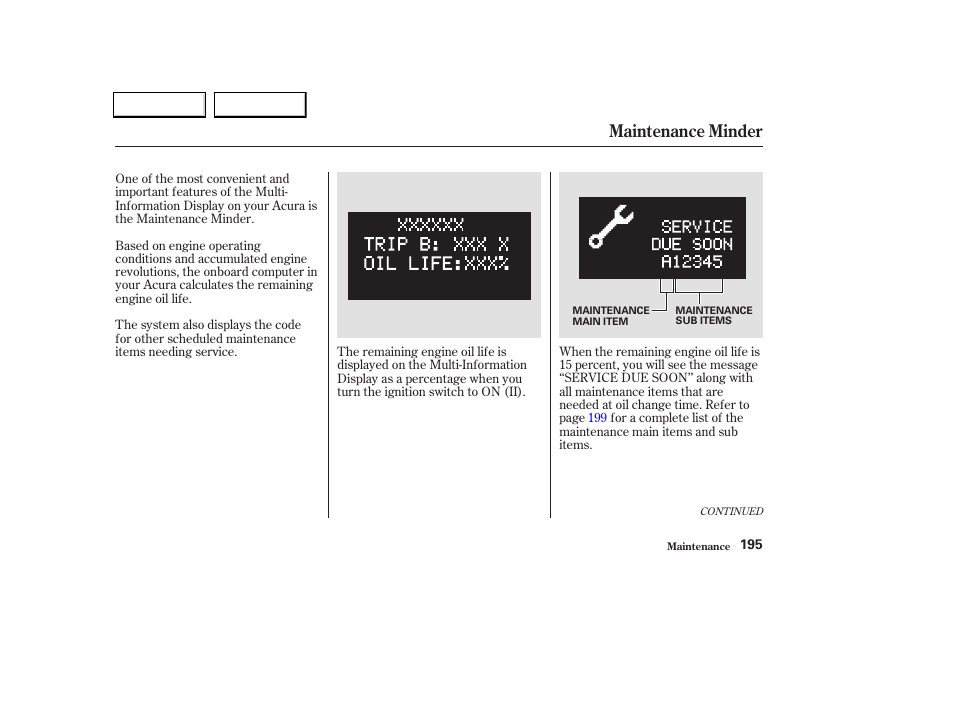 Maintenance minder | Acura 2004 TL - Owner's Manual User Manual | Page 198 / 283