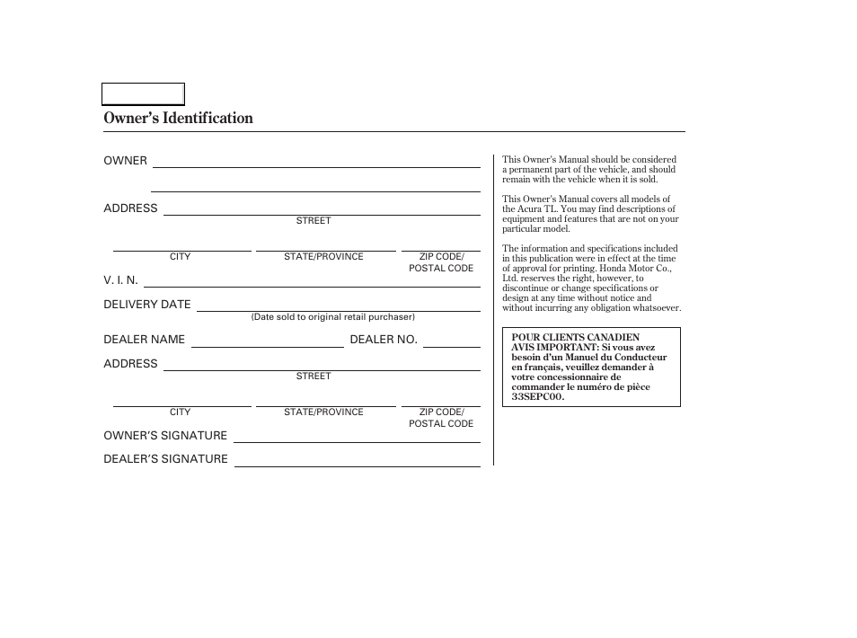 Owner's identification form, Owner’s identification | Acura 2004 TL - Owner's Manual User Manual | Page 2 / 283