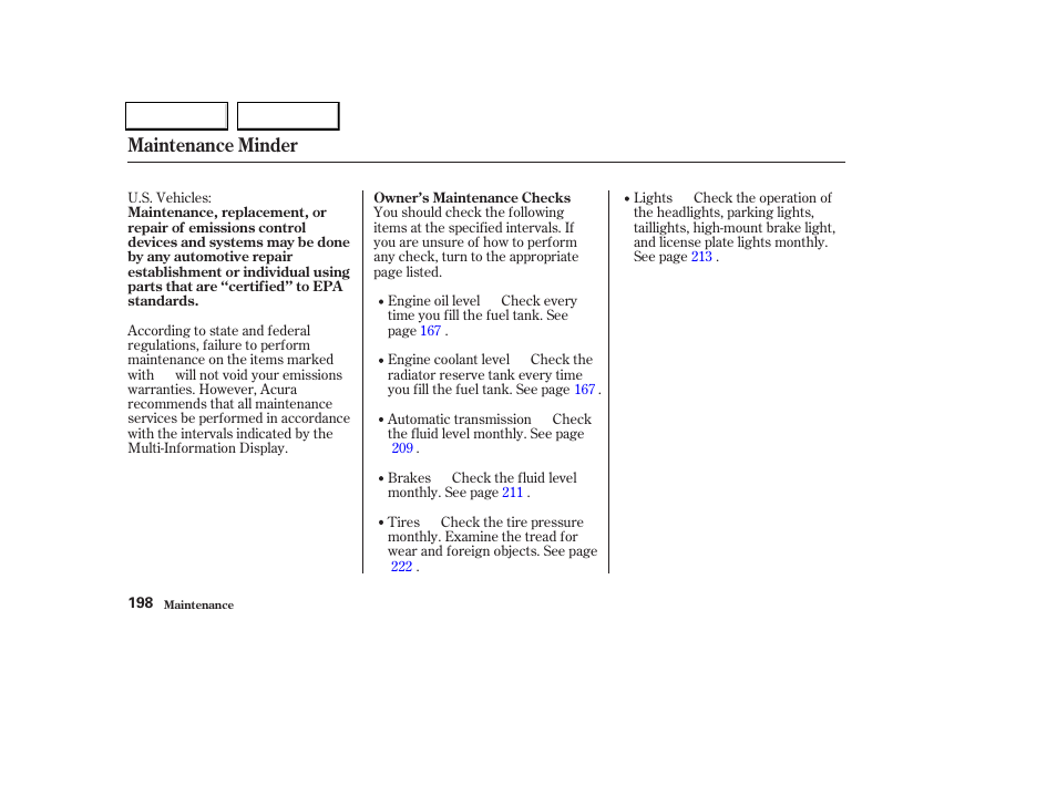 Maintenance minder | Acura 2004 TL - Owner's Manual User Manual | Page 201 / 283