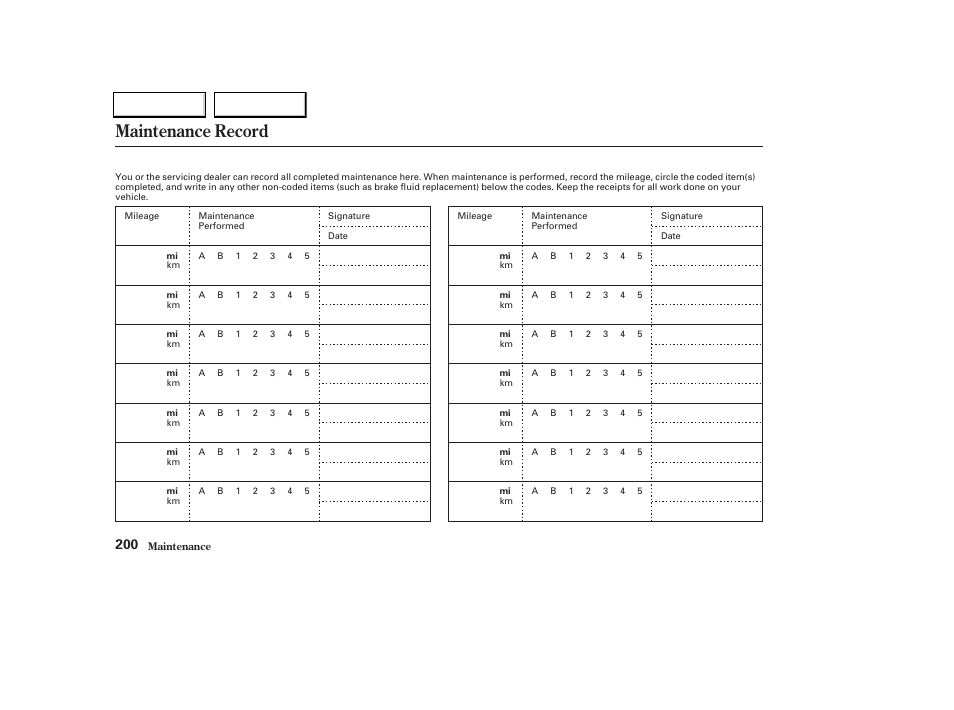 Maintenance record | Acura 2004 TL - Owner's Manual User Manual | Page 203 / 283