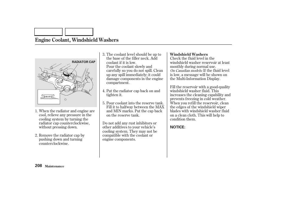 Engine coolant, windshield washers | Acura 2004 TL - Owner's Manual User Manual | Page 211 / 283