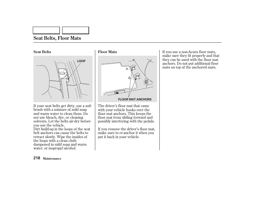 Seat belts, floor mats | Acura 2004 TL - Owner's Manual User Manual | Page 221 / 283