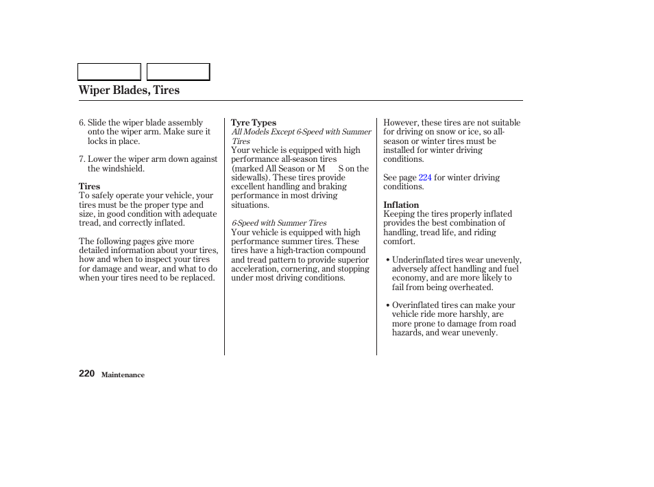 Wiper blades, tires | Acura 2004 TL - Owner's Manual User Manual | Page 223 / 283