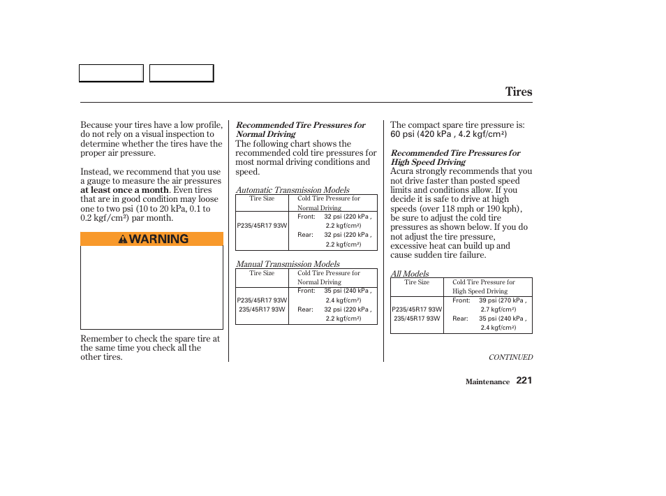 Tires | Acura 2004 TL - Owner's Manual User Manual | Page 224 / 283