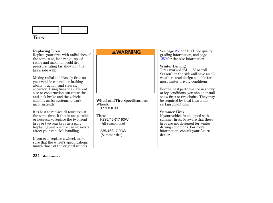 Tires | Acura 2004 TL - Owner's Manual User Manual | Page 227 / 283