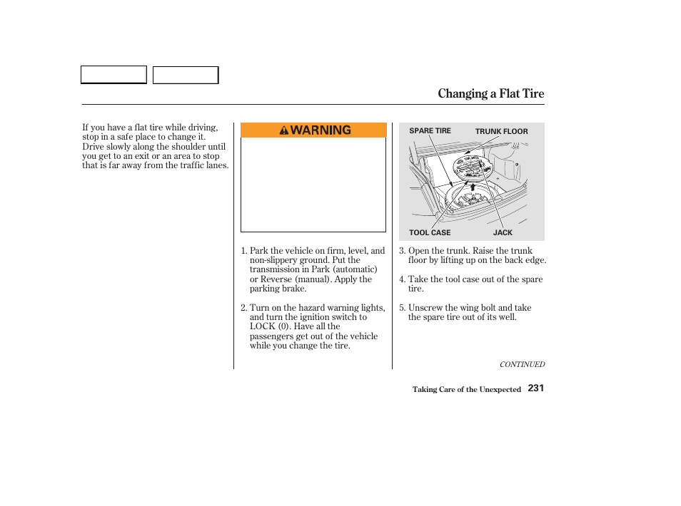 Changing a flat tire | Acura 2004 TL - Owner's Manual User Manual | Page 234 / 283