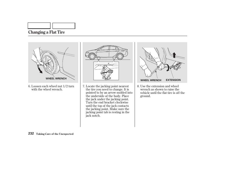 Changing a flat tire | Acura 2004 TL - Owner's Manual User Manual | Page 235 / 283