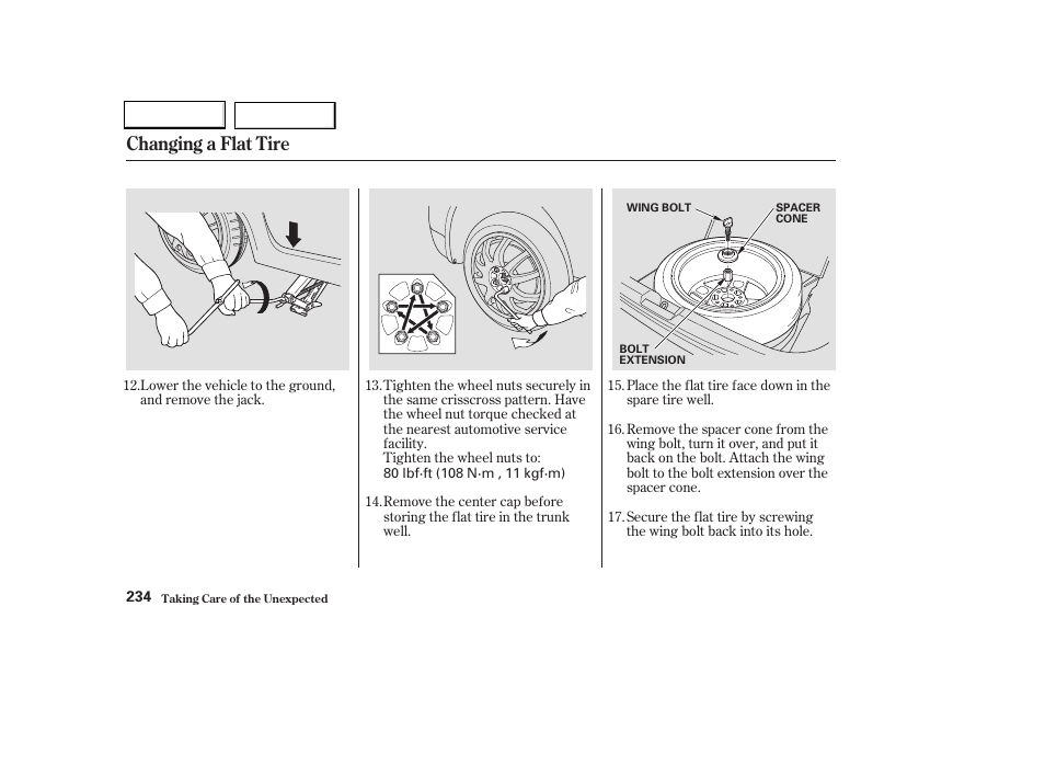 Changing a flat tire | Acura 2004 TL - Owner's Manual User Manual | Page 237 / 283