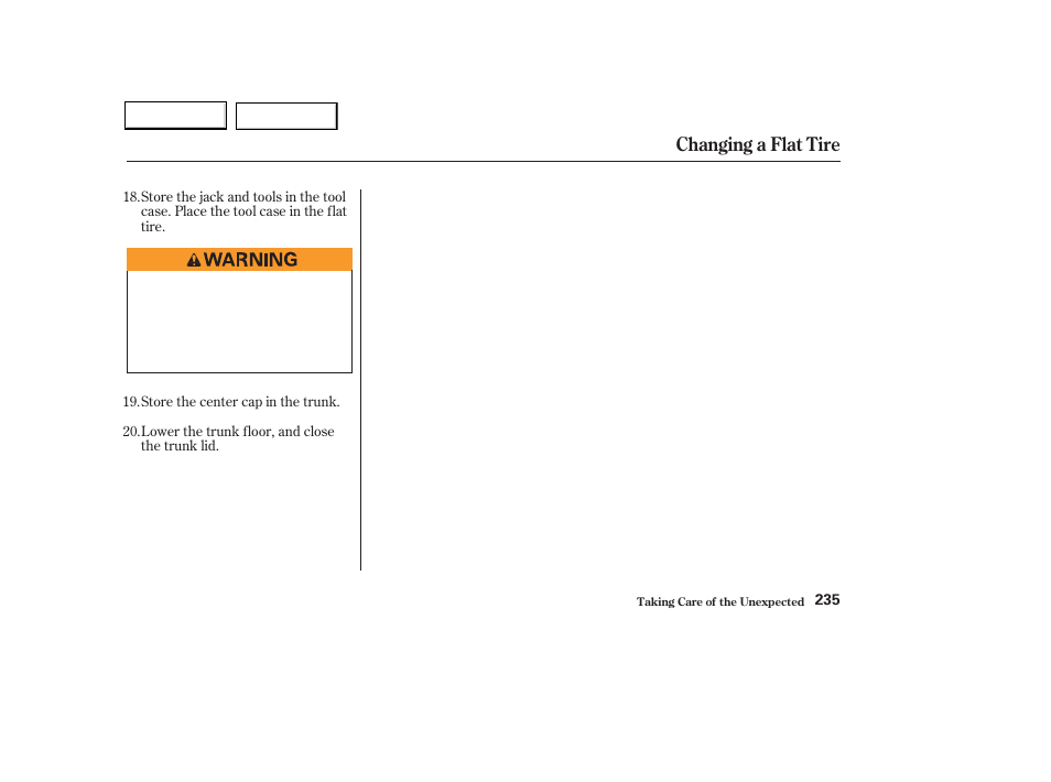 Changing a flat tire | Acura 2004 TL - Owner's Manual User Manual | Page 238 / 283