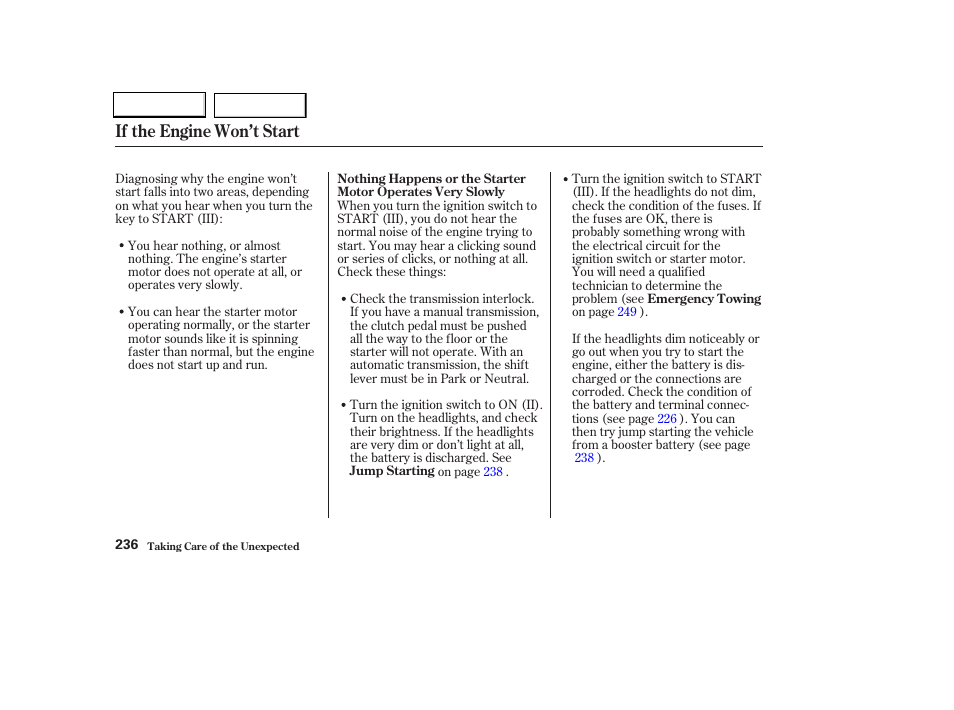 If the engine won’t start | Acura 2004 TL - Owner's Manual User Manual | Page 239 / 283