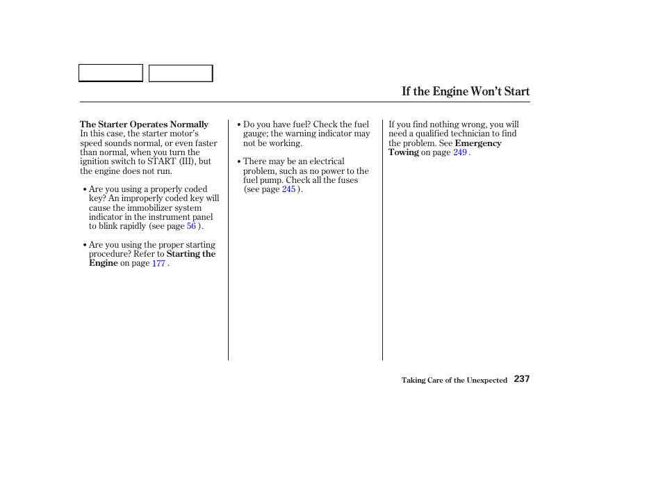 If the engine won’t start | Acura 2004 TL - Owner's Manual User Manual | Page 240 / 283