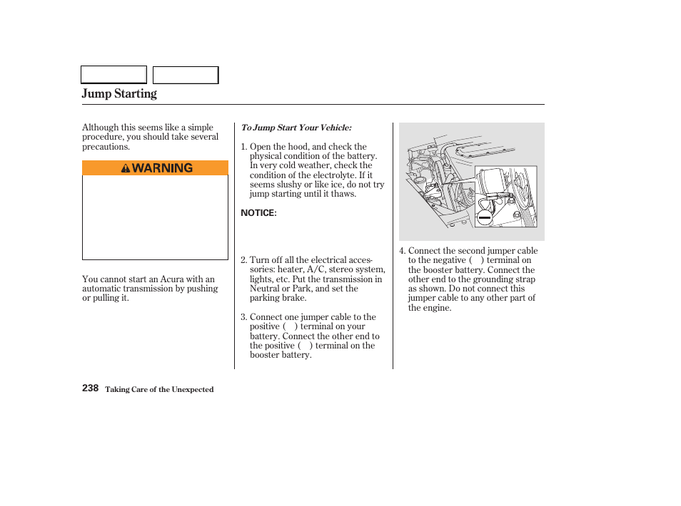 Jump starting | Acura 2004 TL - Owner's Manual User Manual | Page 241 / 283