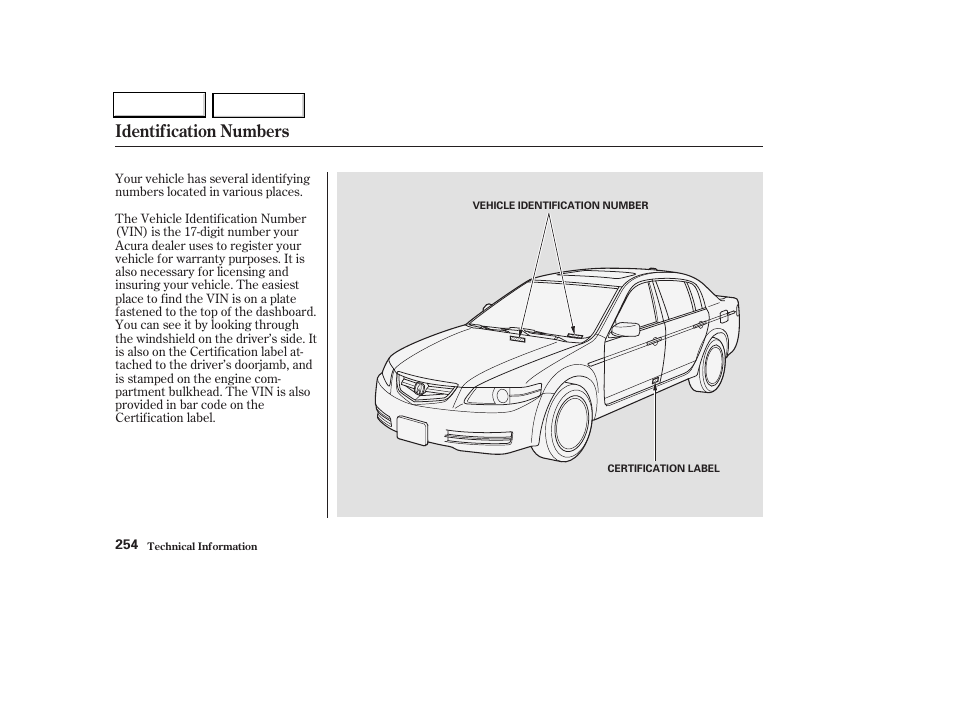 Identification numbers | Acura 2004 TL - Owner's Manual User Manual | Page 257 / 283