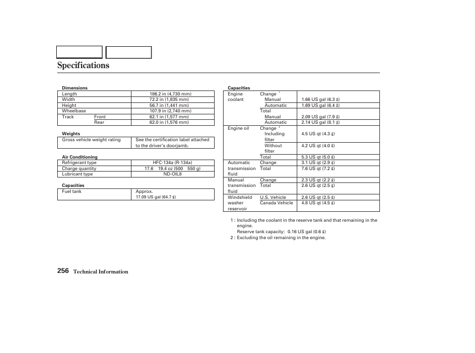Specifications | Acura 2004 TL - Owner's Manual User Manual | Page 259 / 283
